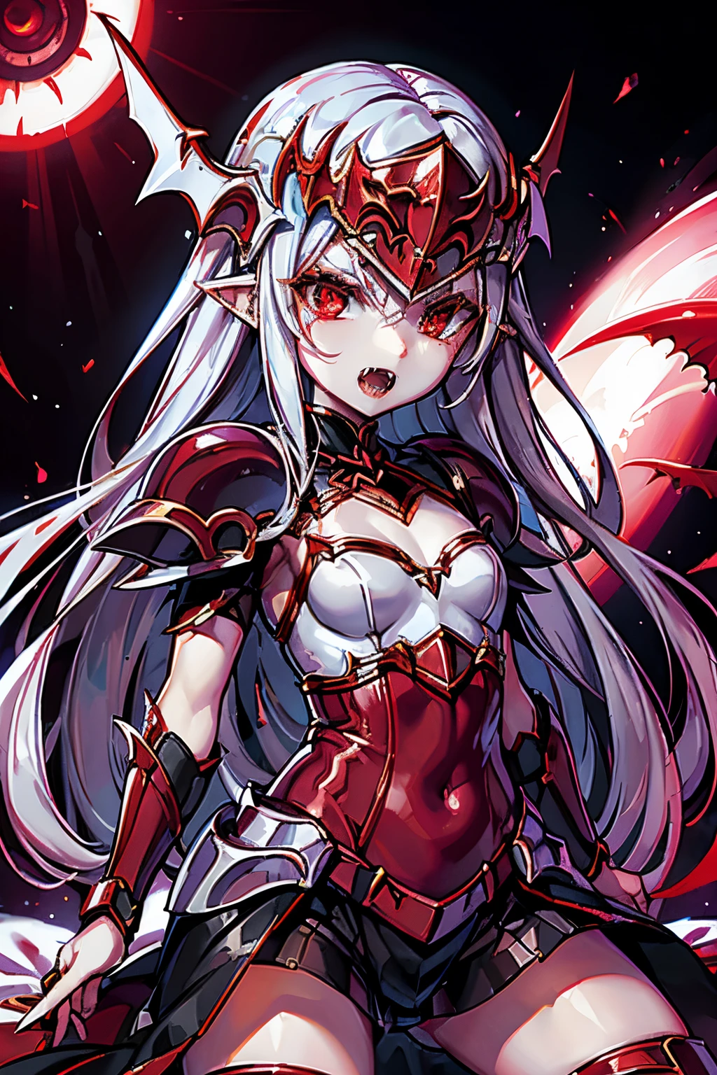 loli, vampire, fangs, white skin, red eyes, sharp fangs, supernatural beauty, red eyes, Valkyrie, helmet, armor, spear, at night, cowboyshot, flat, petite, plum, short, bat wings