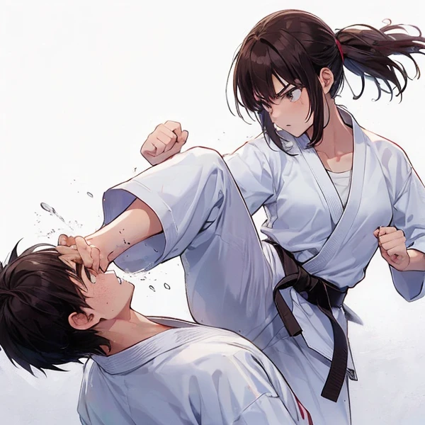 Girl stepping on girl's face with a kick, wearing karate uniform, angry stare