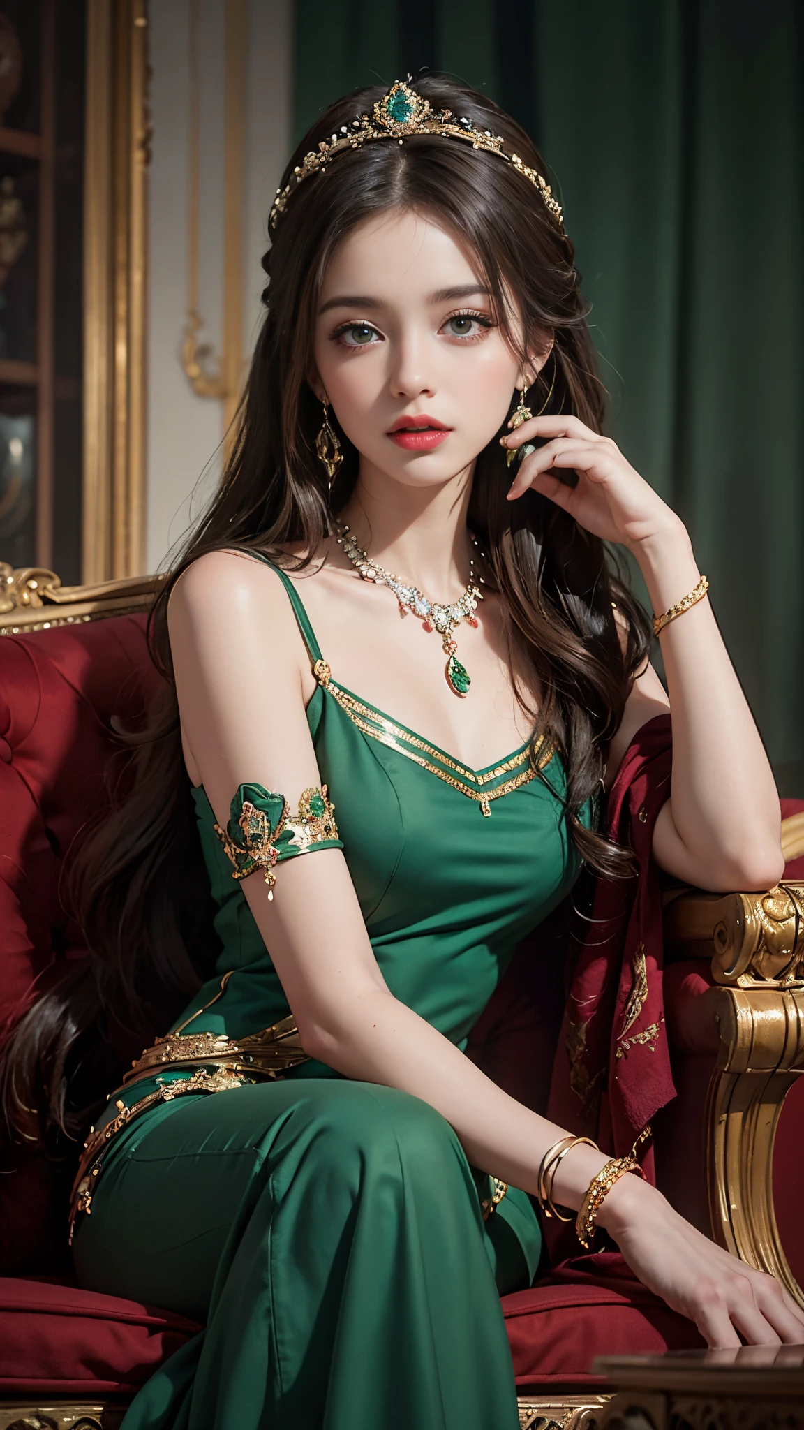 8K ultra hd, masterpiece, best quality, a beautiful girl, long hair, impressive hairstyle, royal hair jewelry, pretty cute face, flawless face, jewellery earrings, antique jewellery, details eyes, beautiful eyes, meticulous makeup, thin eyebrows, beautiful red lips, medium breasts, royal dress, green dress, light green laces, realistic colors, magic effect, night background, look directly at the audience, sitting,