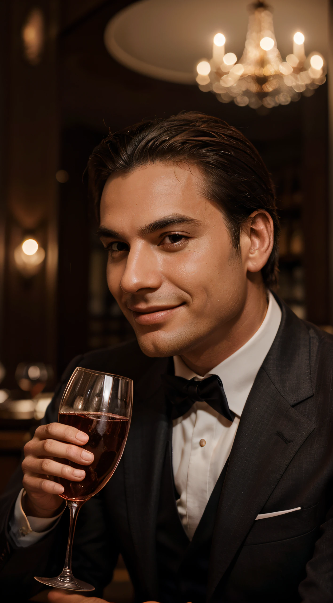 rich and powerful man in a suit in a fancy restaurant raising a glass of wine, rosto sigma sorrindo, Face very close, side profile angle, ambiente com pouca luz, Olhando para o futuro