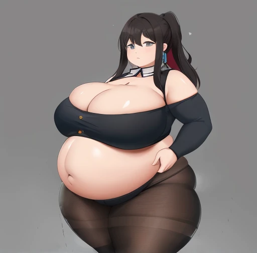 (Huge cleavage:1.5)，Black ripped pantyhose，overweight obese body（3.9），Abdominal obesity，abdominal sagging，（Belly Obesity 5.6），The clothes were tattered，Abdominal obesity，bbw、 Plump curves、Soft and round，Severe fat accumulation，Difficulty in action，squatt，Severe accumulation of crude fat in thighs，hugs，prengant，Biggest belly during pregnancy，Multiple births，My uterus is about to explode，Uterine dilation