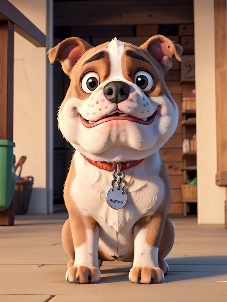 There is an English bulldog dog sitting on the floor,feliz.