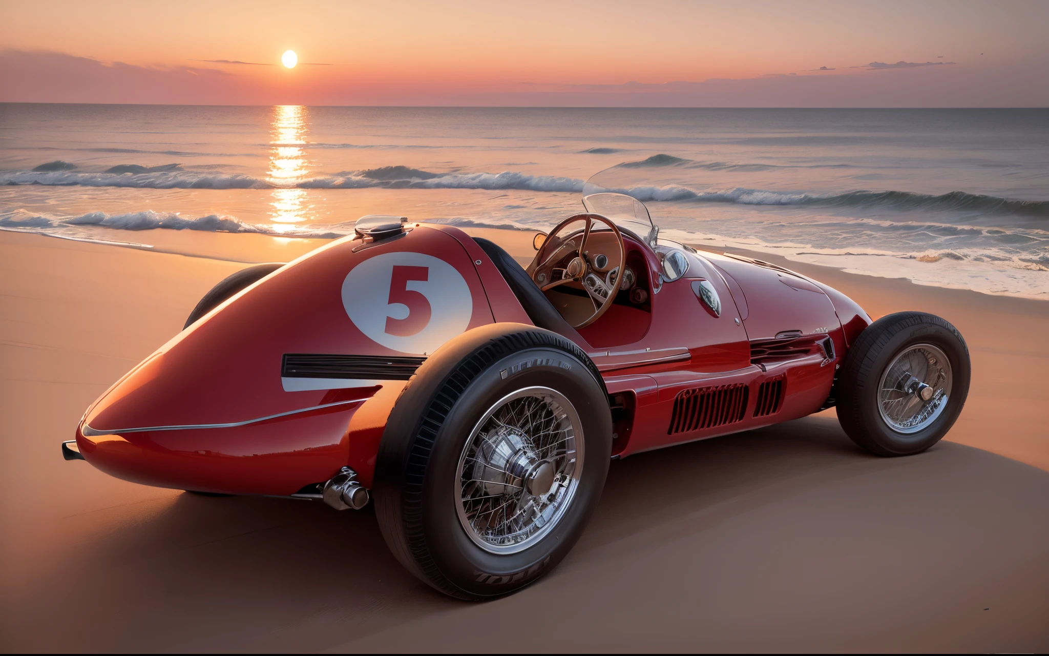 A vintage red Ferrari Formula 1 1952 car with beach, boats and yachts at sunset by Syd Mead