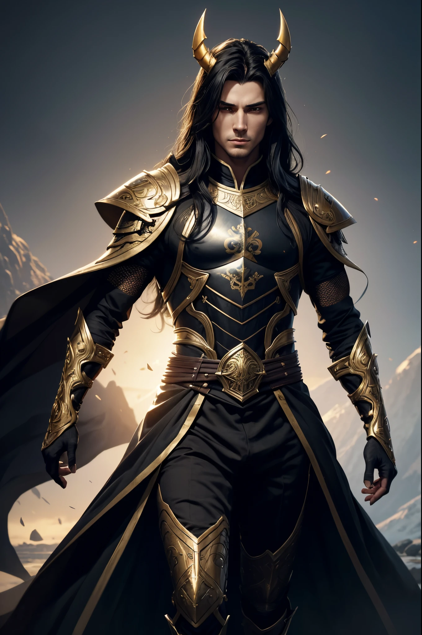 8K,A cool young man from Arafe wearing armor with two swords and a sword., cool super handsome,A demon slayer wearing luxurious jet-black armor.,two golden horns,Long black hair with white mesh color,Slender, muscular and macho body,Luxurious and precise heraldic work(Golden coat of arms)Beautiful youth(Like the real thing)super realistic skin,by Yang J, neoartcore and charlie bowater, charlie bowater character art, Stunning character art, epic exquisite character art, Altgerm and Ilya Kushinov, very detailed Artgerm, charlie bowater and artgerm, by ruan jia and stanley artgerm,超A high resolution,Beautiful expression,
