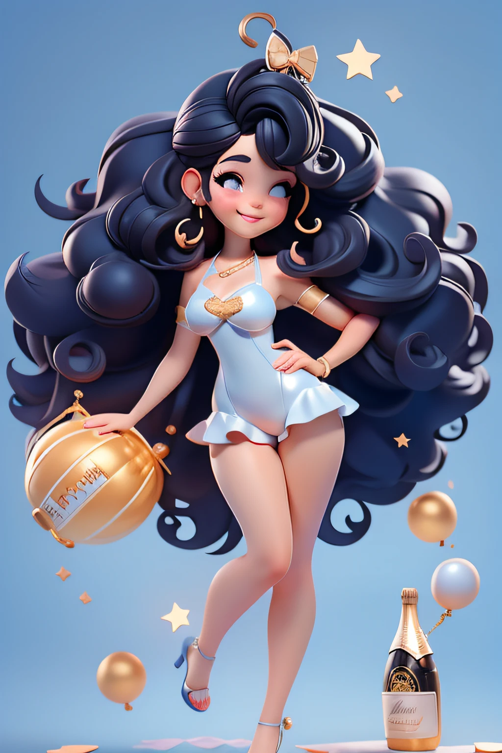A 2D cartoon style illustration of a smiling girl with black curly hair and sunglasses, dressed in a white swimsuit and holding a glass of champagne and a bottle, Personaje de Pixar, The girl is surrounded by stars and colored confetti., y hay un texto que dice "Happy new year" in a simple and elegant typography. El fondo es de color azul claro., The color palette is limited and uses gold and monochrome tones.