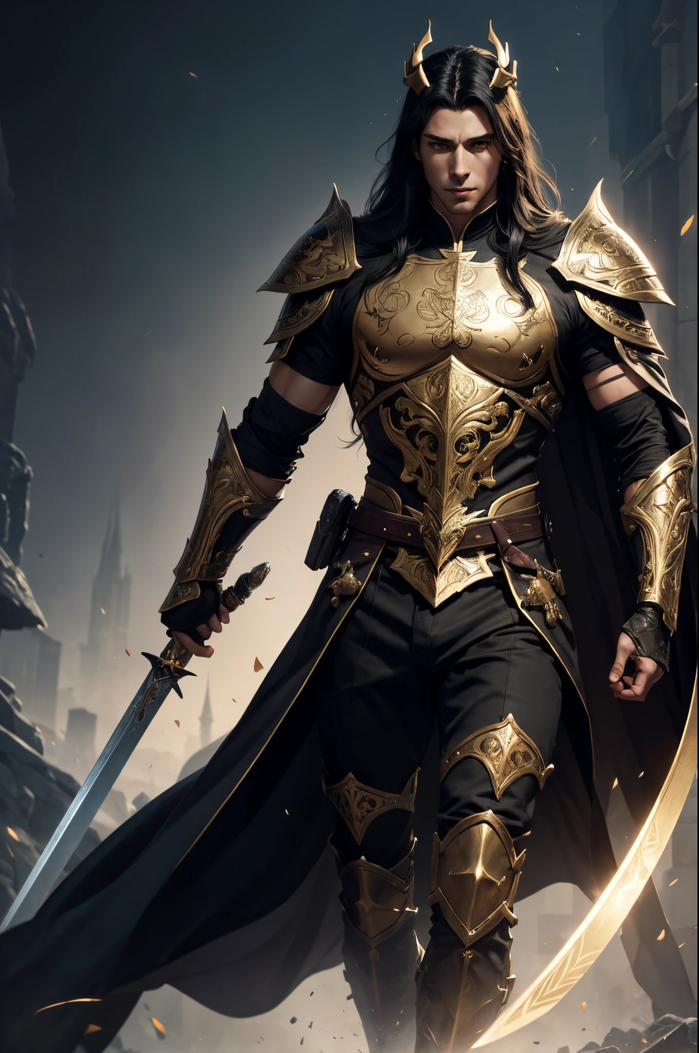8K,A cool young man from Arafe wearing armor with two swords and a sword., cool super handsome,A demon slayer wearing luxurious jet-black armor.,two golden horns,Long black hair with white mesh color,Slender, muscular and macho body,Luxurious and precise heraldic work(Golden coat of arms)Beautiful youth(Like the real thing)super realistic skin,by Yang J, neoartcore and charlie bowater, charlie bowater character art, Stunning character art, epic exquisite character art, Altgerm and Ilya Kushinov, very detailed Artgerm, charlie bowater and artgerm, by ruan jia and stanley artgerm,超A high resolution,Beautiful expression,