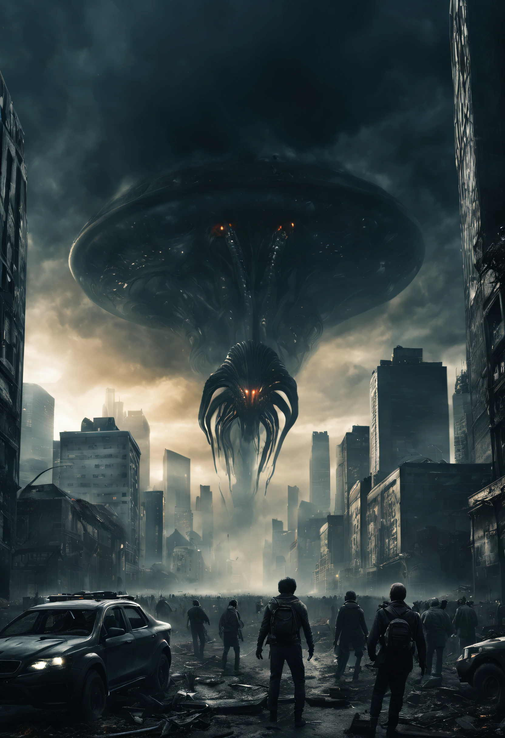 "Scary and intense alien invasion scene with dark atmosphere, dramatic lighting, and intense action. Mostre poderosas criaturas extraterrestres, Advanced technology, Destroyed cityscape, Panicked civilians, and a sense of imminent danger. Generate an unsettling and immersive image that captures the chaos and terror of a supernatural invasion."