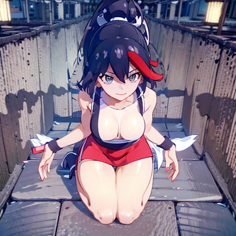 (best quality,ultra-detailed,realistic:1.37) 1girl, solo, Ryuko Matoi, mai shiranui from the king of fighters, beautiful detailed eyes,beautiful detailed lips,smiling with happiness, 25yo, Japanese mature female, wearing a red short kimono, cleavage, matured face, blushing, joyful expression, dynamic pose, big breast, big hips, full body view, big body, thick, (Curvy:1.35), ((Master piece)), best quality, perfect bodies,beautiful detailed eyes, extremely detailed face, perfect lighting, short black hair, grey eyes
