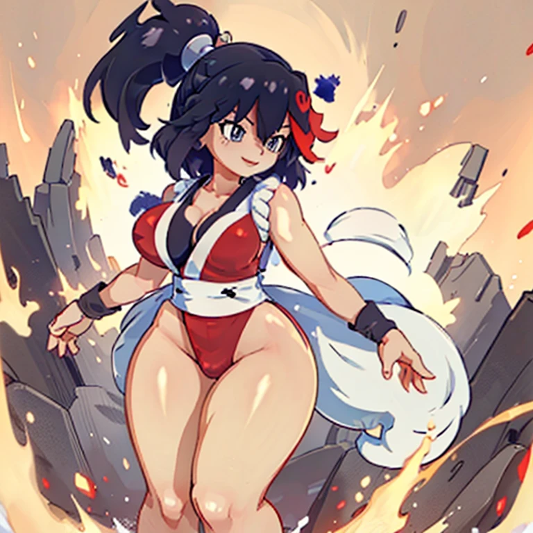 (best quality,ultra-detailed,realistic:1.37) 1girl, solo, Ryuko Matoi, mai shiranui from the king of fighters, beautiful detailed eyes,beautiful detailed lips,smiling with happiness, 25yo, Japanese mature female, wearing a red short kimono, cleavage, matured face, blushing, joyful expression, dynamic pose, big breast, big hips, full body view, big body, thick, (Curvy:1.35), ((Master piece)), best quality, perfect bodies,beautiful detailed eyes, extremely detailed face, perfect lighting, short black hair, grey eyes