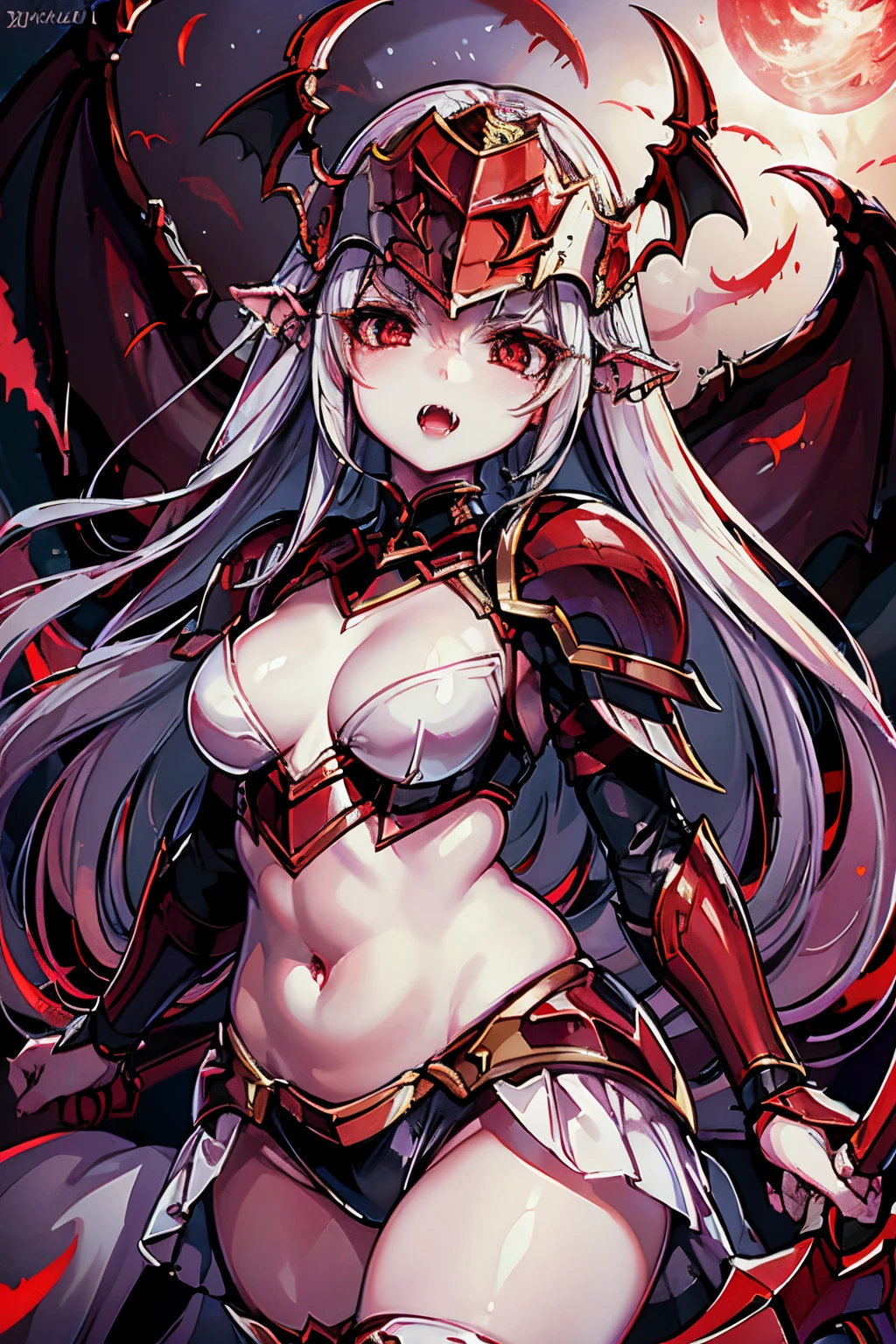 , vampire, fangs, white skin, red eyes, sharp fangs, supernatural beauty, red eyes, Valkyrie, helmet, armor, spear, at night, cowboyshot, flat, petite, plump, short, bat wings, plum