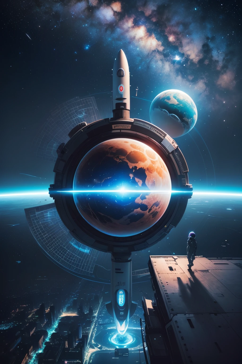 (a sci-fi theme park,surreal illustrations,oxygen tanks,space suits,rocket rides,alien creatures,extraterrestrial landscapes,high-tech installations,virtual reality simulators,giant planets and moons,stellar constellations,vibrant neon lights,intergalactic music,zero gravity experiences,infinity pool,hovering spaceships,breathtaking views of the cosmos,adventurous space explorers)
