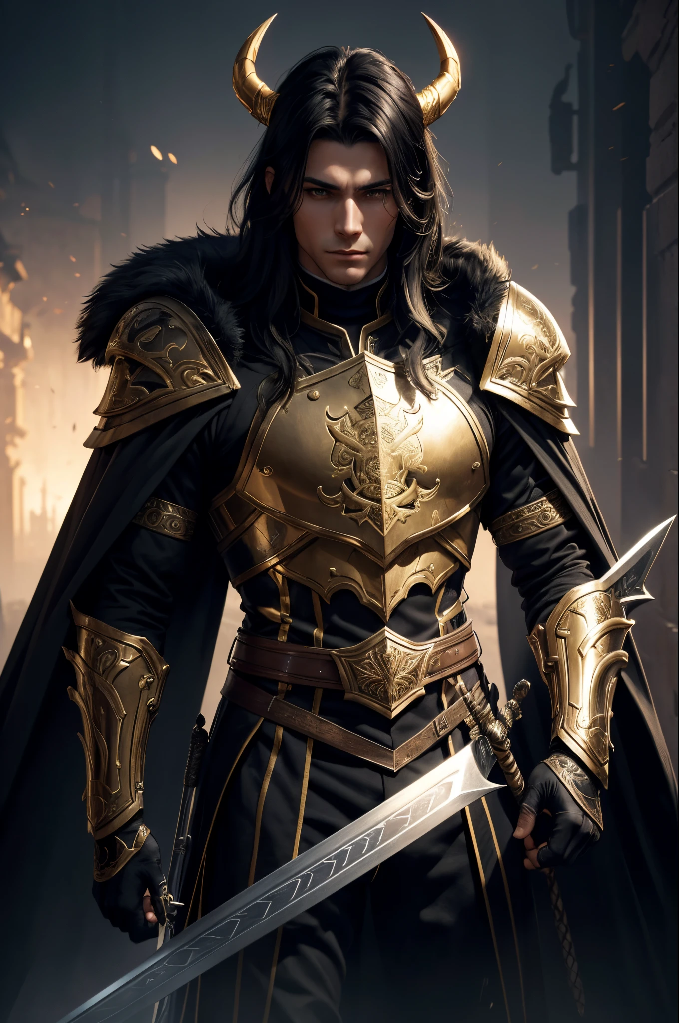 8K,A cool young man from Arafe wearing armor with two swords and a sword., cool super handsome,A demon slayer wearing luxurious jet-black armor.,two golden horns,Long black hair with white mesh color,Slender, muscular and macho body,Luxurious and precise heraldic work(Golden coat of arms)Beautiful youth(Like the real thing)super realistic skin,by Yang J, neoartcore and charlie bowater, charlie bowater character art, Stunning character art, epic exquisite character art, Altgerm and Ilya Kushinov, very detailed Artgerm, charlie bowater and artgerm, by ruan jia and stanley artgerm,超A high resolution,Beautiful expression,portraitures,
