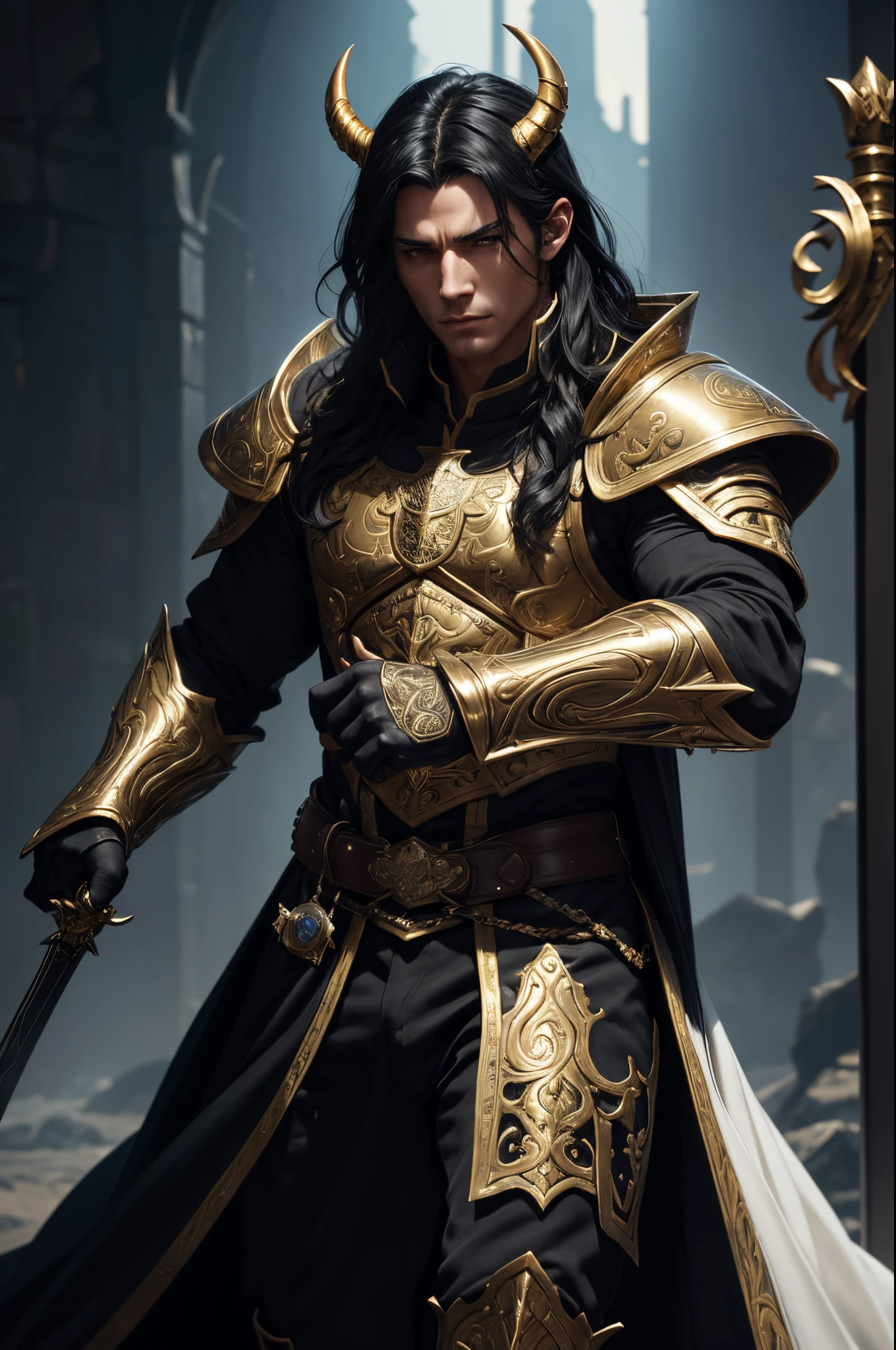 8K,A cool young man from Arafe wearing armor with two swords and a sword., cool super handsome,A demon slayer wearing luxurious jet-black armor.,two golden horns,Long black hair with white mesh color,Slender, muscular and macho body,Luxurious and precise heraldic work(Golden coat of arms)Beautiful youth(Like the real thing)super realistic skin,by Yang J, neoartcore and charlie bowater, charlie bowater character art, Stunning character art, epic exquisite character art, Altgerm and Ilya Kushinov, very detailed Artgerm, charlie bowater and artgerm, by ruan jia and stanley artgerm,超A high resolution,Beautiful expression,portraitures,