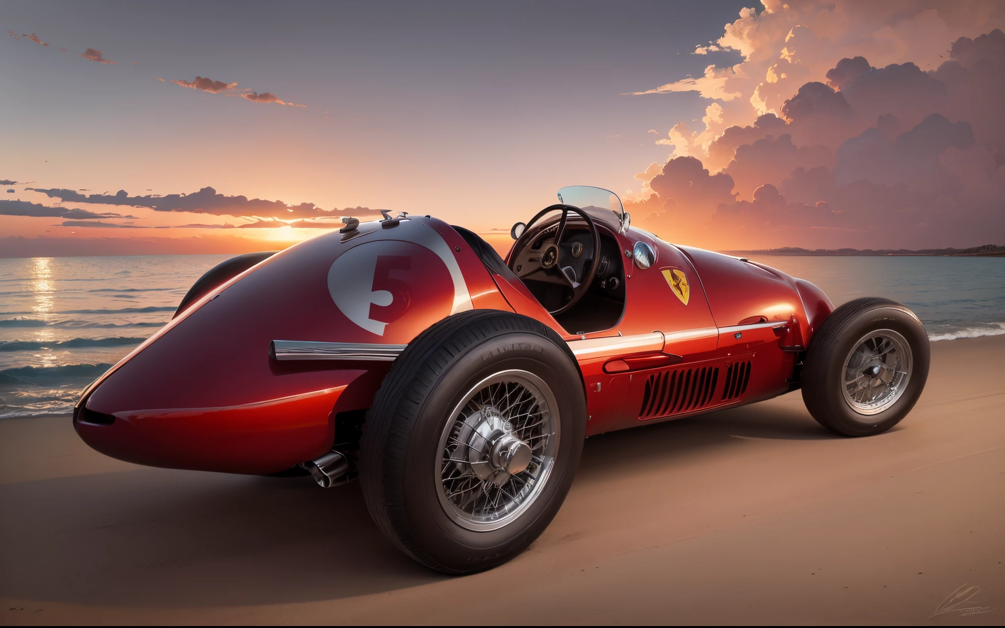A vintage red Ferrari Formula 1 1952 car with beach, boats and yachts at sunset by Syd Mead