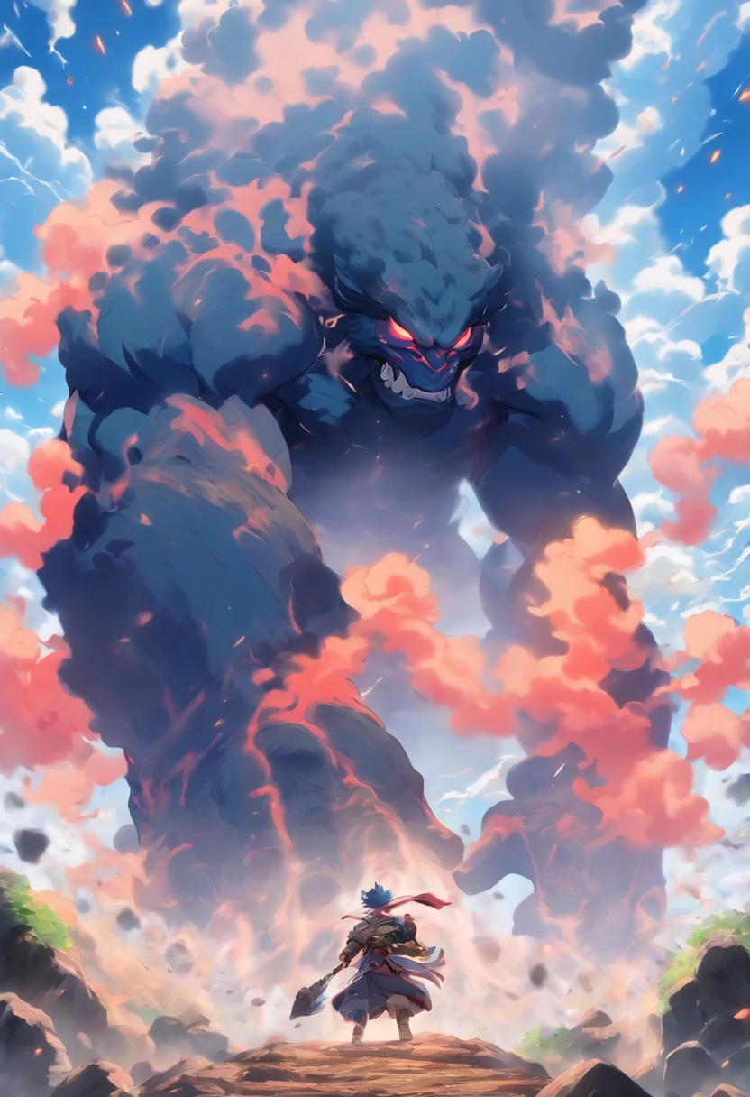 best qualtiy,tmasterpiece,8k,detailed detail,hyper-high detail,mountain giant,Rock giant,Humanoid monster made of rock,jogging,Holding a huge gavel in hand,The earth cracks,废墟,with smoke and dust filling the air,tas'Surrounded by smoke,The body passes through the clouds,