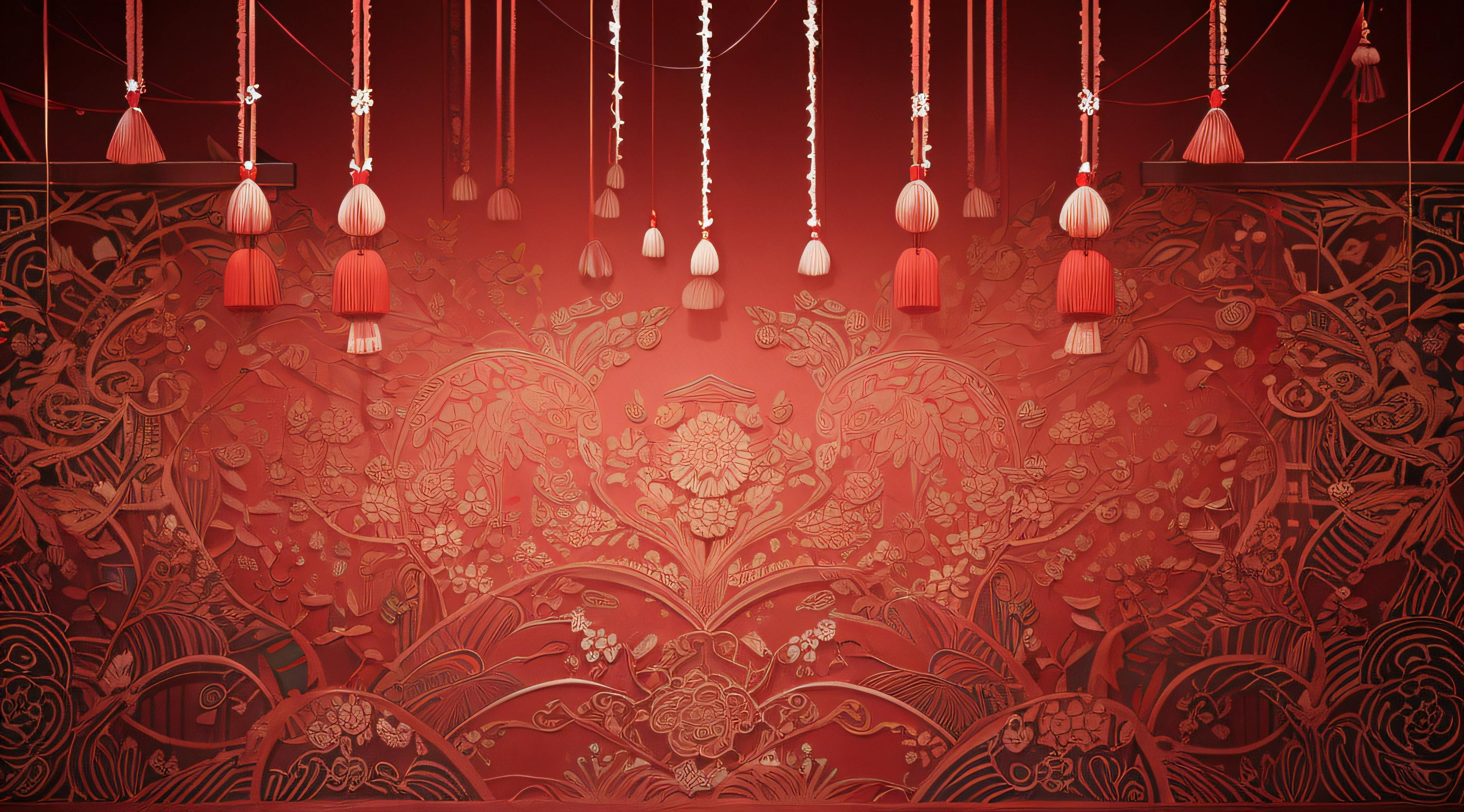 Flat Background Material,couplets,Spring Festival Silk Interweaving,Complex red silk threads interweave the colors of the Spring Festival,red spring couplets,(Super quality,Super meticulous,super complex,extremly intricate)