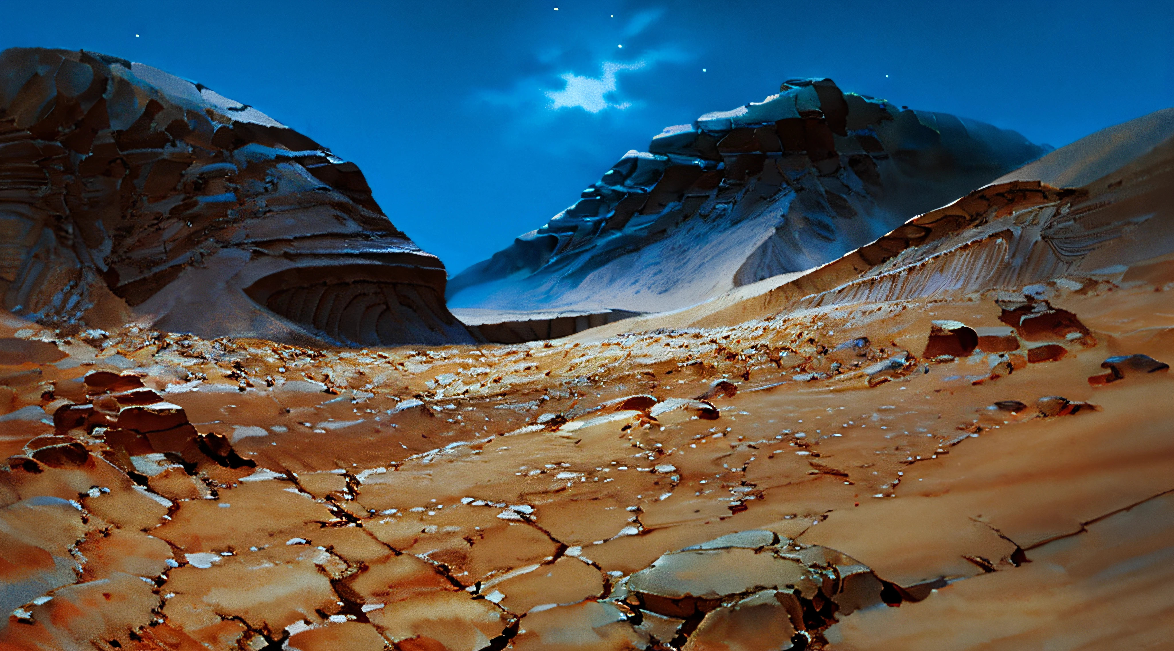 Wasteland Pointed rocks Inorganic murky A desert natta There's no one in the night sky