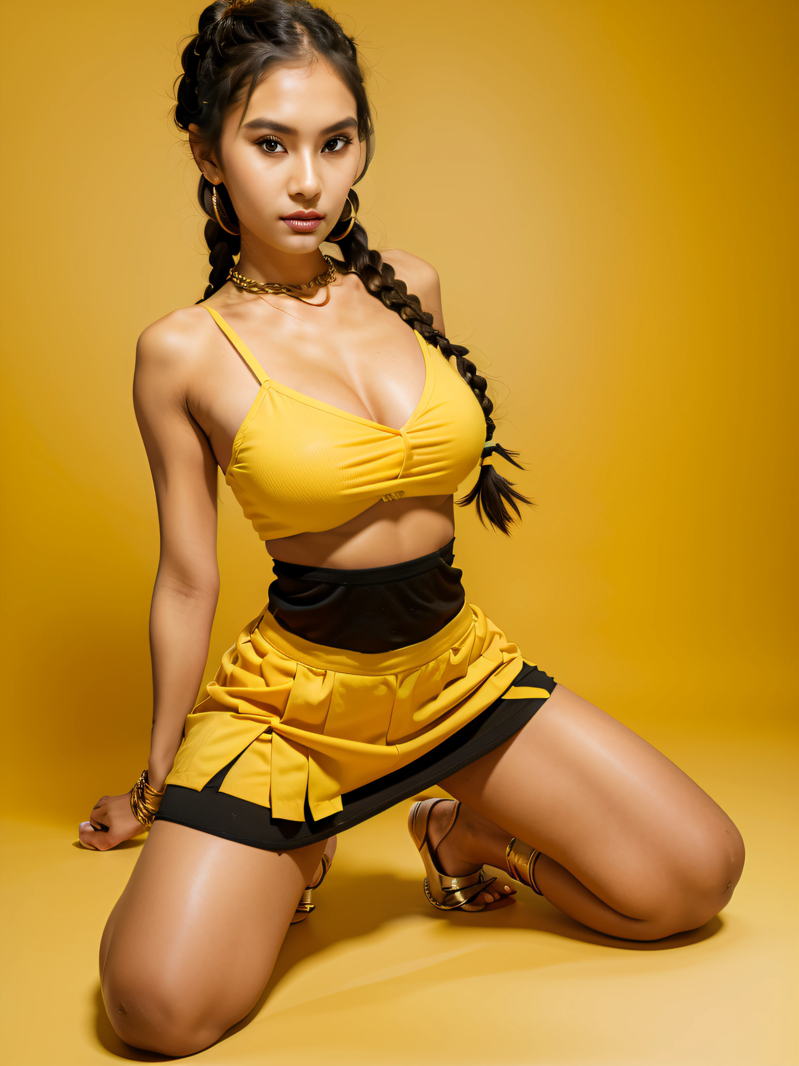 TeeTee1,1girl, (asian model), 18 years old,soft body, black hair, braids,whole body, hair reaches waist, whole body,((head to leg)),black bracelets,black chain,yellow  bra,yellow pleated skirt, white tall boots,large earrings,close-up, 8k, RAW photo, best quality, masterpiece,realistic, photo-realistic,seductive,cute,yellow background, erotic pose, kneeling , open leg