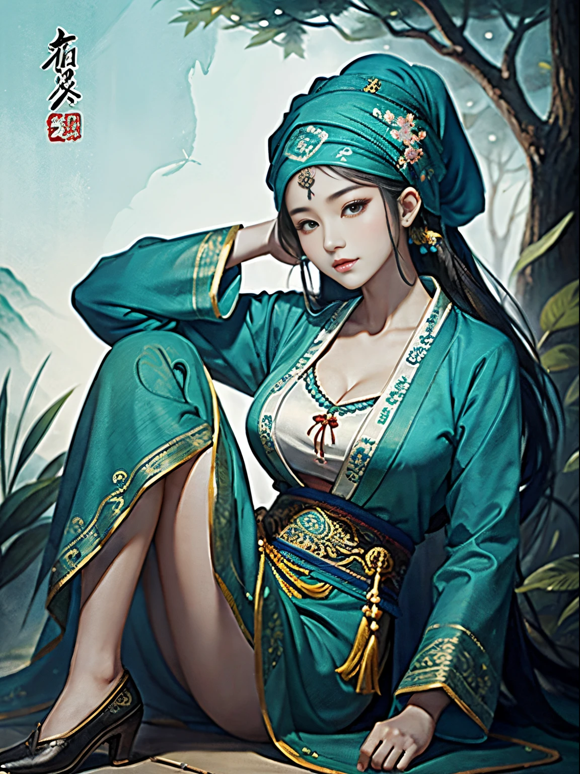 Hmong,cloth shoes,cyan clothes pants,embroidered headscarf,Ancient decoration,ln the forest,vale,big breasts beautiful,Chill,excoriating,Danfeng Eyes,Charming,Chinese Ancient Times,Classical ink painting