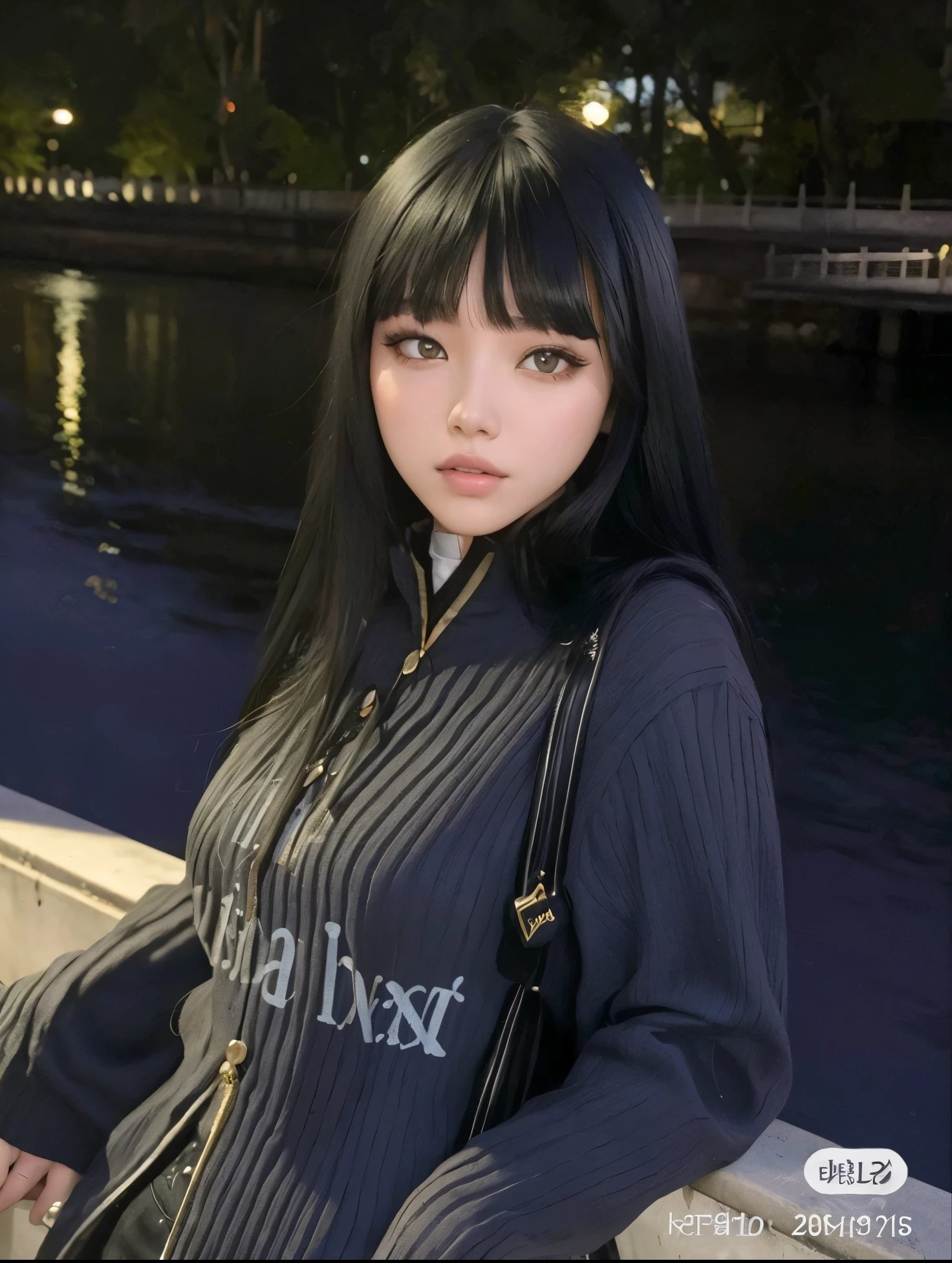 Arafed woman with long black hair standing on a bridge, Ela tem cabelo preto com franja, cabelo arrumado com franja, Franja reta longa, com franja, com franja completa, cabelos escuros longos com franja, cabelo comprido com franja completa, cabelo preto longo com franja, cabelos longos com franja, Ulzzang, franja reta, cabelo blackbangs cabelo, menina bonito