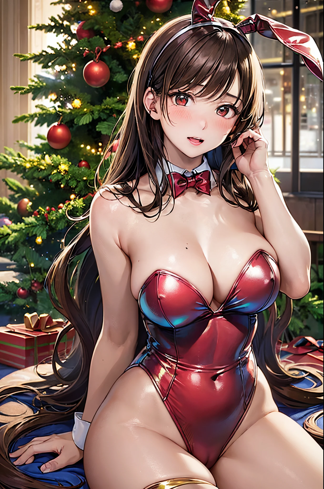 ((((perfect anatomy, super detailed skin)))), 1 girl, japanese, , shiny skin, large breasts:0.5, watching the view,
beautiful hair, beautiful face, beautiful detailed eyes, (long hair:1.4), ((brown hair)),
beautiful clavicle, beautiful body, beautiful chest, beautiful thigh, beautiful legs, babyface, monder eye, seductive thighs,
((symmetrical clothing, (metallic red bunny girl costume:1.4))),
sitting, spread legs, cameltoe, ((impatient expression)), (facing the front), (((blushing cheeks, embarassed expression)),
(beautiful scenery), warm christmas decorated room, (christmas tree), christmas ornaments, christmas decoration, christmas illuminations, christmas lighting,
(8k, top-quality, masterpiece:1.2, extremely detailed), (photorealistic), beautiful illustration, cinematic lighting,