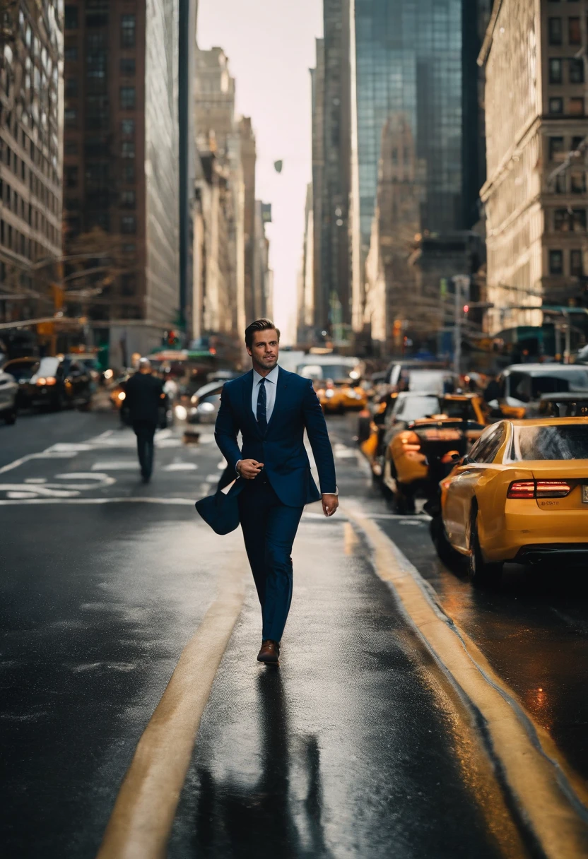 A photo of Finance Bro enjoying a helicopter ride over Manhattan,original,30 years old, masculine, near comb over hair, wears a navy suit with a tie, walks around New York City , male