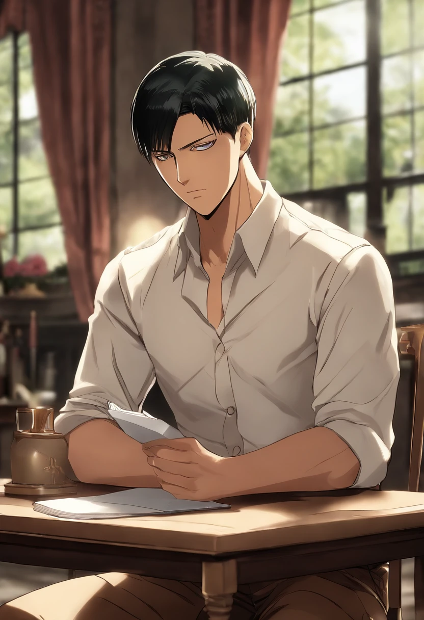 A photo of Bertholdt sitting at a table, hesitantly holding a pen and notebook, with a thoughtful expression on his face.,Attack on Titan,Bertholdt is very tall with tan skin, a large nose, murky teal eyes, very short black hair with short M-shaped bangs. (Bertholdt Hoover from Attack on Titan), male