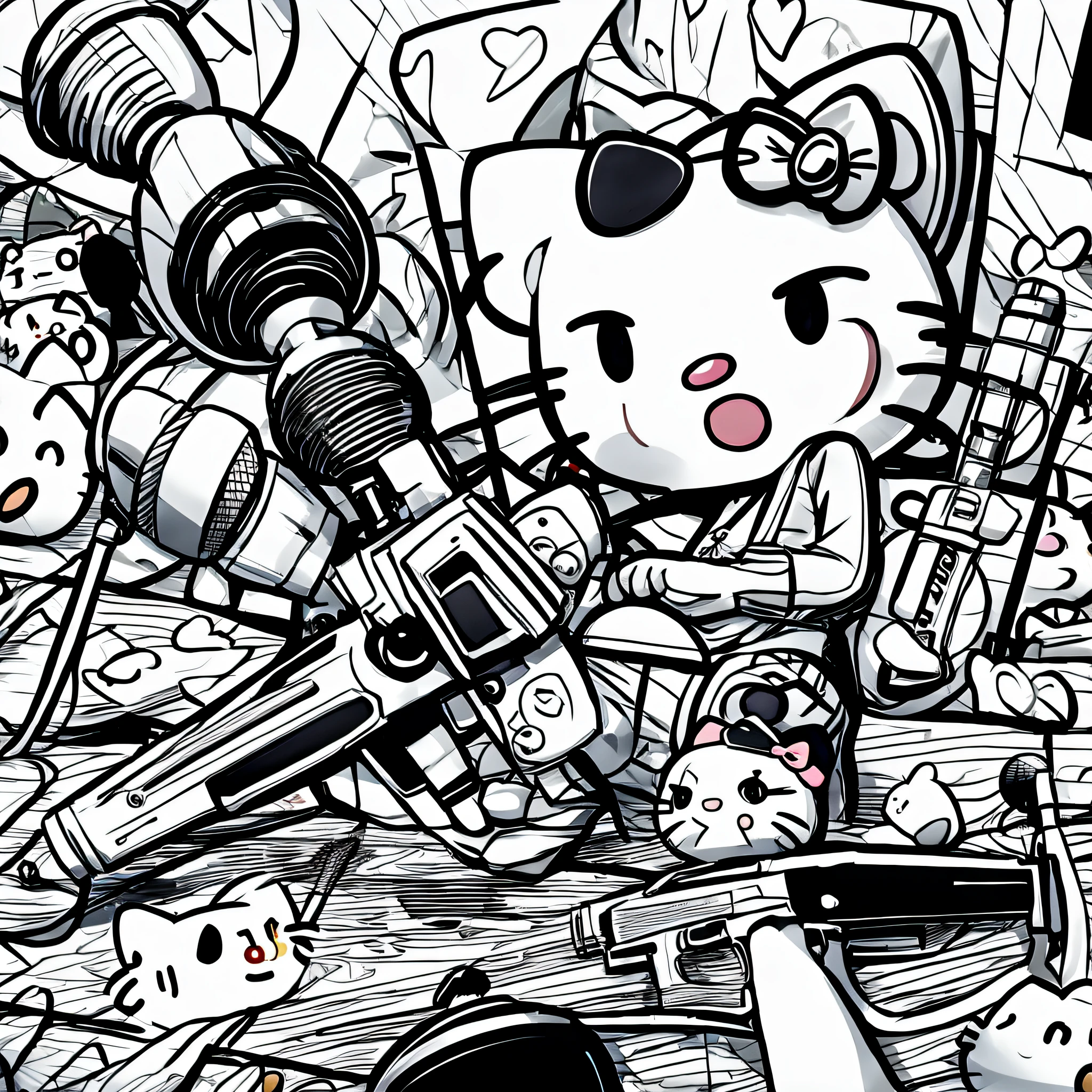 ((Hello Kitty)),((microphones)),((AK 47)),((line engineering)),((Black and white))