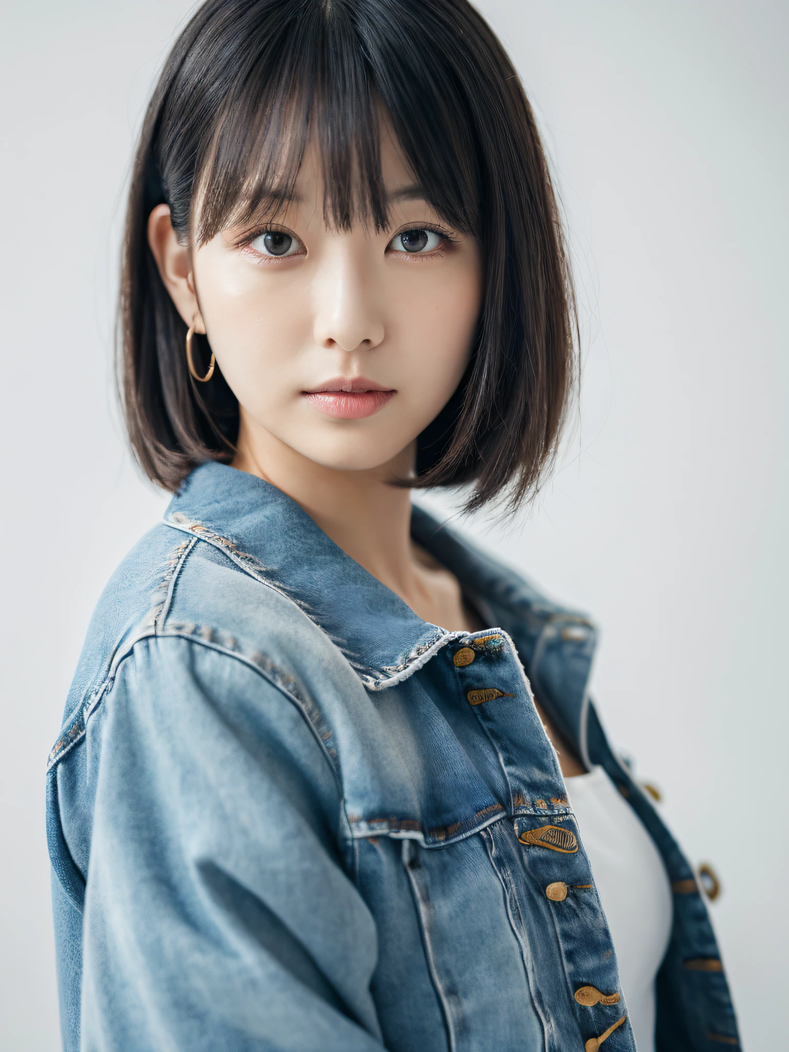 ((masutepiece,top-quality)), (photographrealistic:1.4),((masutepiece,8K)),hight resolution,Studio Soft Light, Rim Lights, vibrant detail, realistic skin textures,Japanese, 1 beautiful woman, Short hair, Wave hair, faint thin bangs, make - up, 38 years, Detailed skin, Denim jacket, wide-leg pants, Standing, White background, White Room,white walls, fully body photo, Looking at Viewer