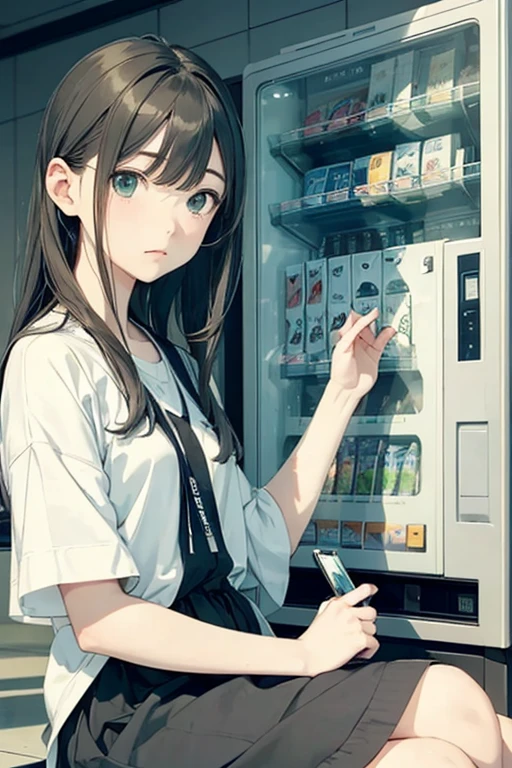 ((masterpiece)), anime style, photorealistic, very pale light green-gray tone, illustration, flat color,((detailed face)), Serenity and still life, A tranquil composition: Start by drawing a horizontal line in the center of the frame, defining it as the horizon. Depict a blurred sky above and an extremely tranquil ice field below. Then, Place at random the following three elements: a girl, a vending machine, and a cat.