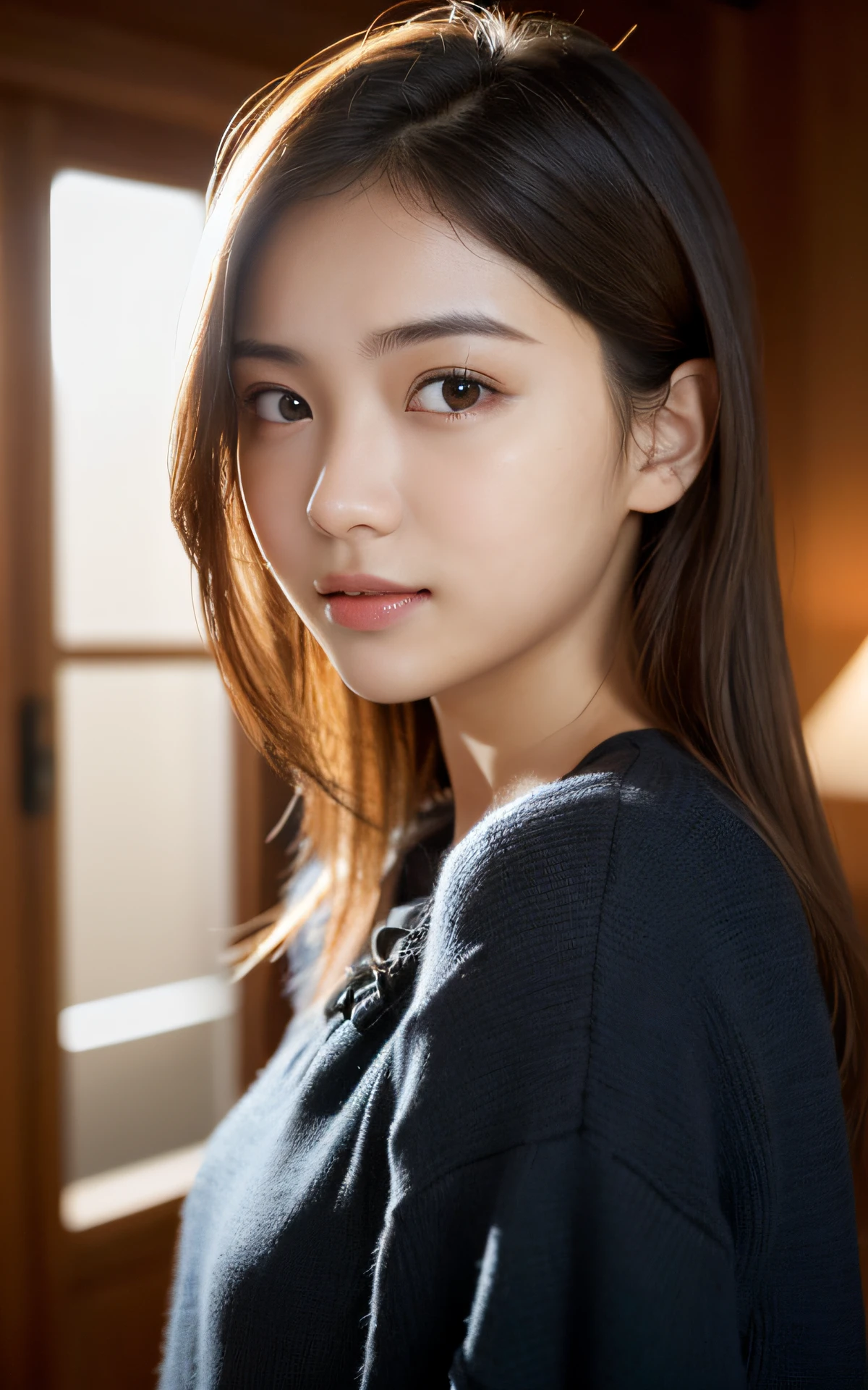 (Photo Real:1.4), (hyper realisitic:1.4), (Smooth lighting:1.05), 1 girl, (sad:1.4), Mouth slightly open, Neat and clean beauty, 22 years old, Soft lighting, Back lighting, (cheerfulness:1.2), (Finest Real Textured Skins), Narrow-eyed, Super fine face, glowy skin, retinas, Anatomically correct, acurate, Super Detail, Textured skin, High quality, high details, Best Quality, High resolution, livingroom, Medium Hair, Blouse
