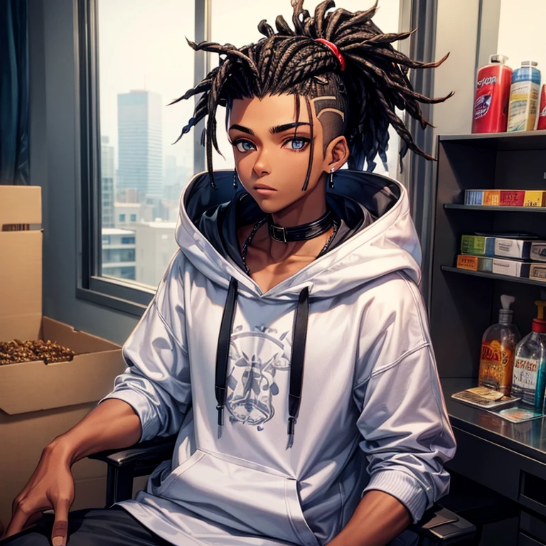 best quality, detailed, teenager, hoodie,short dreadlocks, black hair, African American, shaved sides,male, shaved sides