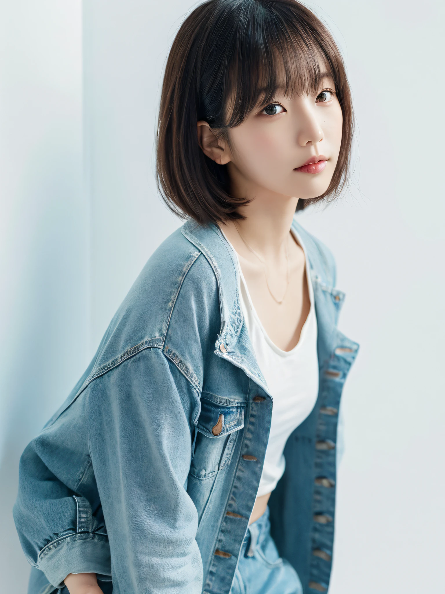 ((masutepiece,top-quality)), (photographrealistic:1.4),((masutepiece,8K)),hight resolution,Studio Soft Light, Rim Lights, vibrant detail, realistic skin textures,Japanese, 1 beautiful woman, Short hair, Wave hair, faint thin bangs, make - up, 38 years, Detailed skin, Denim jacket, wide-leg pants, Standing, White background, White Room,white walls, fully body photo, Looking at Viewer
