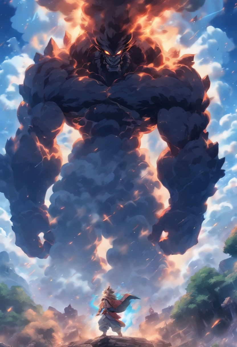 Best quality,tmasterpiece,8K,Detailed details,hyper-high detail,Mountain giant,Rock giant,Humanoid monster made of rock,jogging,Holding a huge gavel in hand,The earth cracks,废墟,with smoke and dust filling the air,Smoke all around,The body passes through the clouds,No Man