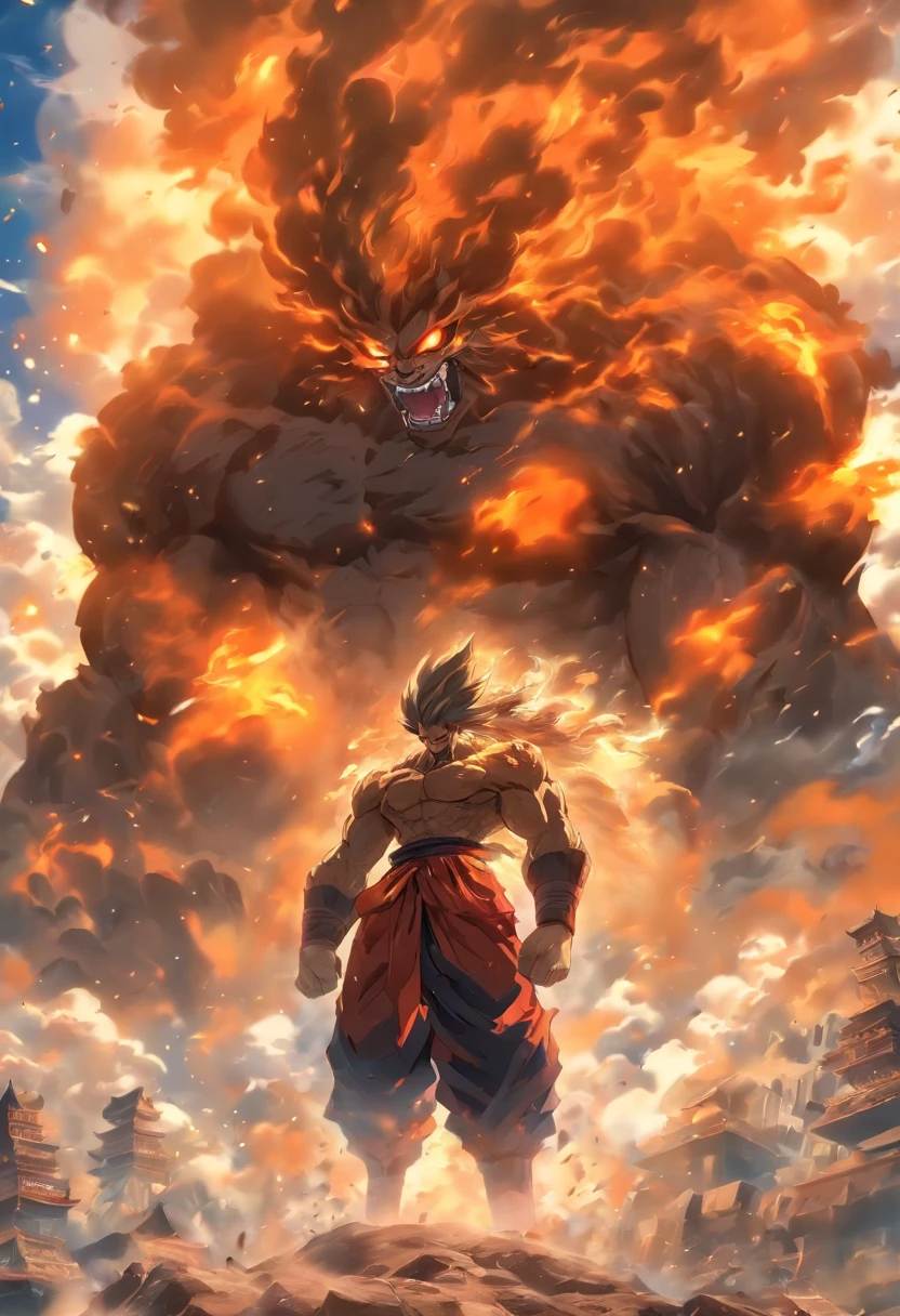 Best quality，tmasterpiece，8K，Detailed details，hyper-high detail，Mountain giant，Rock giant，Humanoid monster made of rock，jogging，Holding a huge gavel in hand，The earth cracks，废墟，with smoke and dust filling the air，Smoke all around，The body passes through the clouds，No Man