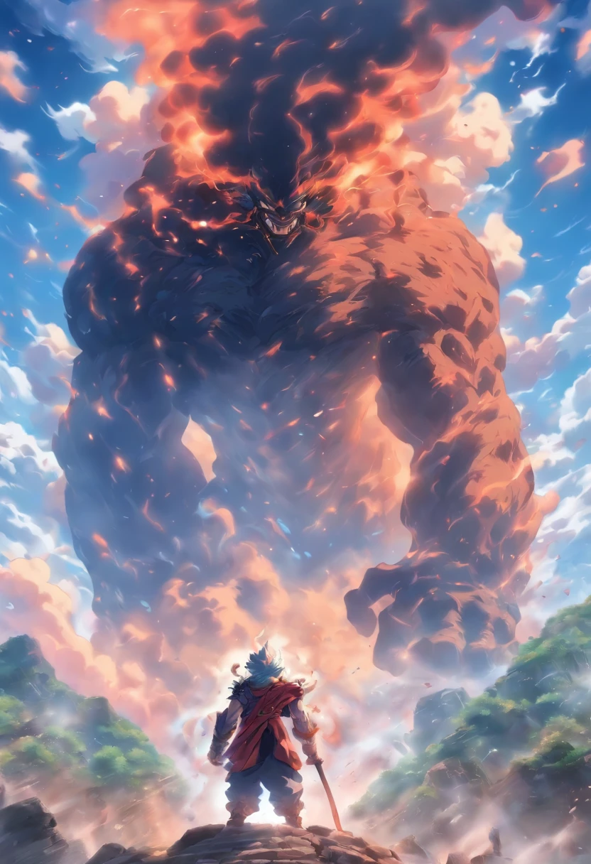 Best quality,tmasterpiece,8K,Detailed details,hyper-high detail,Mountain giant,Rock giant,Humanoid monster made of rock,jogging,Holding a huge gavel in hand,The earth cracks,废墟,with smoke and dust filling the air,Smoke all around,The body passes through the clouds,No Man