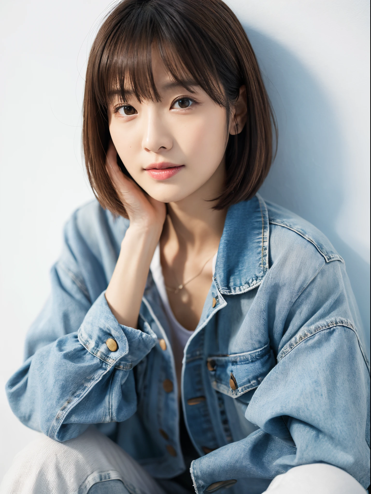 ((masterpiece,top-quality)), (photographrealistic:1.4),((masutepiece,8K)),hight resolution,Studio Soft Light, Rim Lights, vibrant detail, realistic skin textures,Japanese, 1 beautiful woman, short Hair, wave hair, faint thin bangs, make - up, 38 years old, Detailed skin, denim jacket, wide-leg pants, Standing, White background, White Room,white walls, fully body photo, looking at viewer