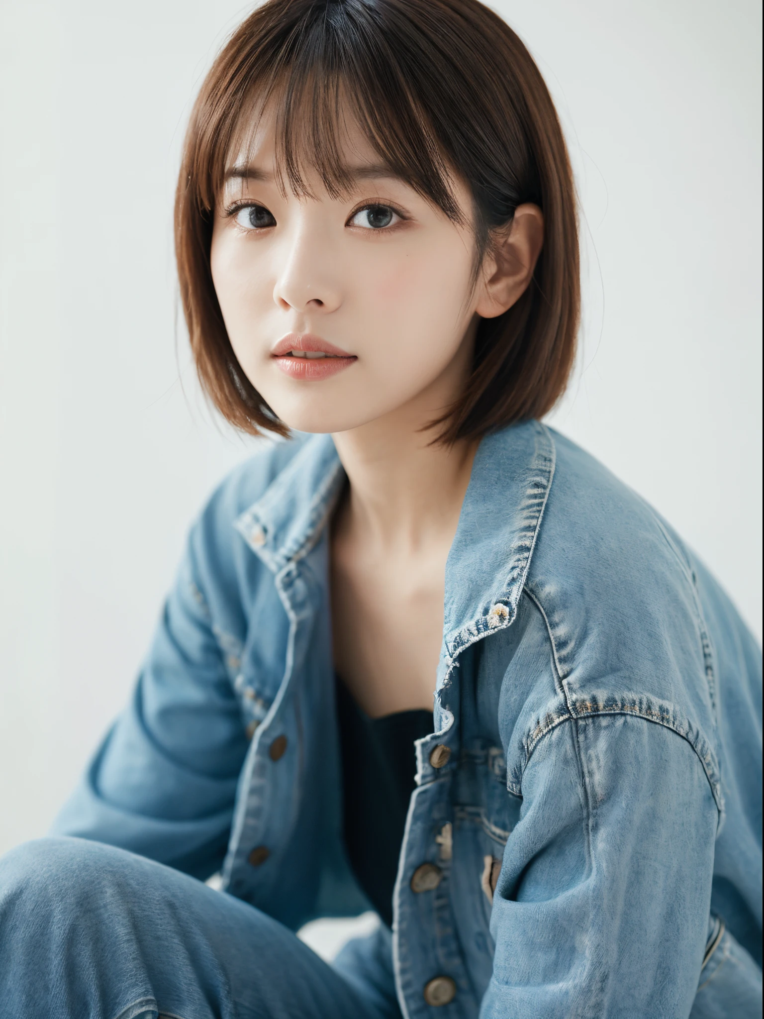 ((masterpiece,top-quality)), (photographrealistic:1.4),((masutepiece,8K)),hight resolution,Studio Soft Light, Rim Lights, vibrant detail, realistic skin textures,Japanese, 1 beautiful woman, short Hair, wave hair, faint thin bangs, make - up, 38 years old, Detailed skin, denim jacket, wide-leg pants, Standing, White background, White Room,white walls, fully body photo, looking at viewer
