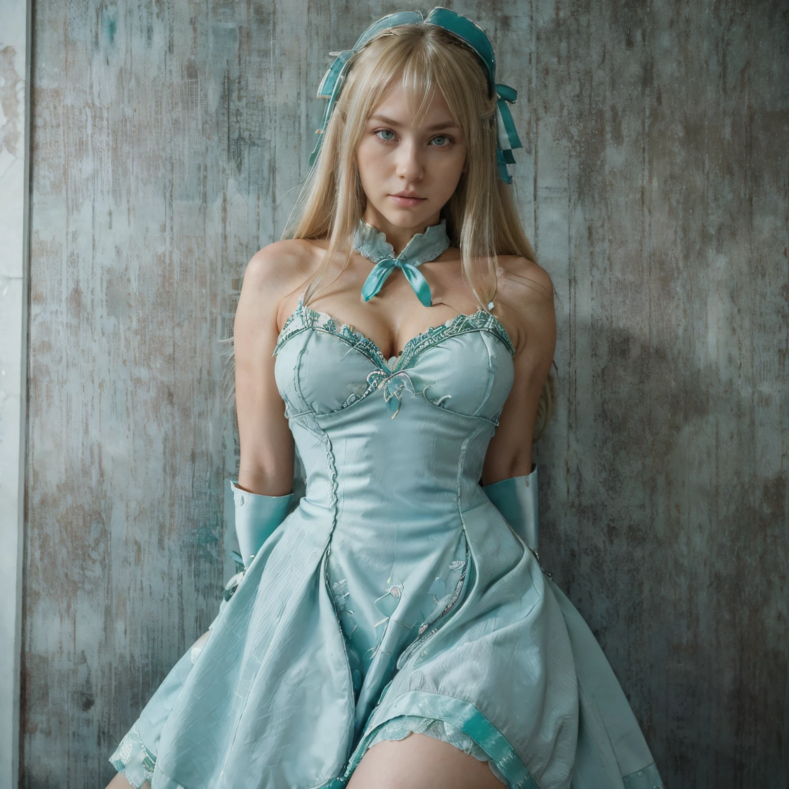 (Masterpiece:1.2), (absurdress), (Detailed Face),(A detailed eye), (Best Quality) (traditional media:1.2) , (White back), upper-body, (expressionless), Artoria_Pendragon_(fate), Know, bronya, blonde hair, Mittens, Green eyes, hair ribbon, armored dress, ahoge, blue dress,