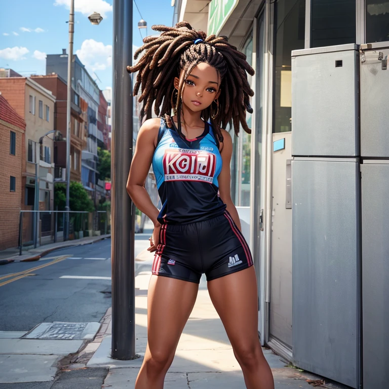 best quality, detailed, African american, black hair, dreads, short dresds, athletic style
