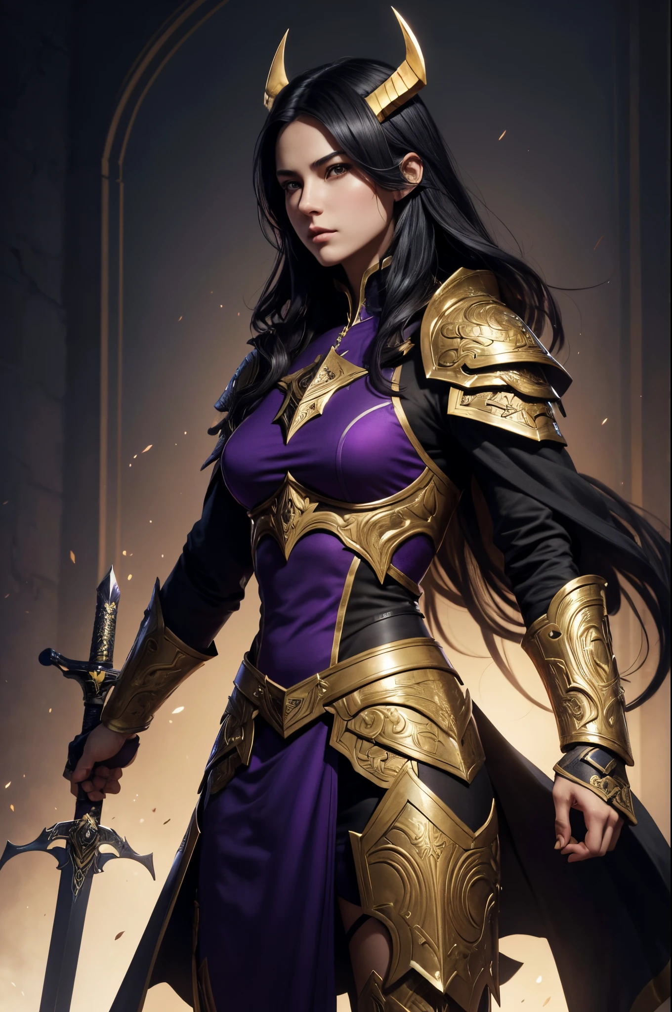 8K,A cool young man from Arafe wearing armor with two swords and a sword., cool super handsome,A demon slayer wearing luxurious jet-black armor.,two golden horns,Long black hair with white mesh color,Slender, muscular and macho body,Luxurious and precise heraldic work(Golden coat of arms)Beautiful youth(Like the real thing)super realistic skin,by Yang J, neoartcore and charlie bowater, charlie bowater character art, Stunning character art, epic exquisite character art, Altgerm and Ilya Kushinov, very detailed Artgerm, charlie bowater and artgerm, by ruan jia and stanley artgerm,超A high resolution,Beautiful expression,portraitures(masterpiece)Emits a strong and intense purple aura from the entire body.(Intense purple effect)
