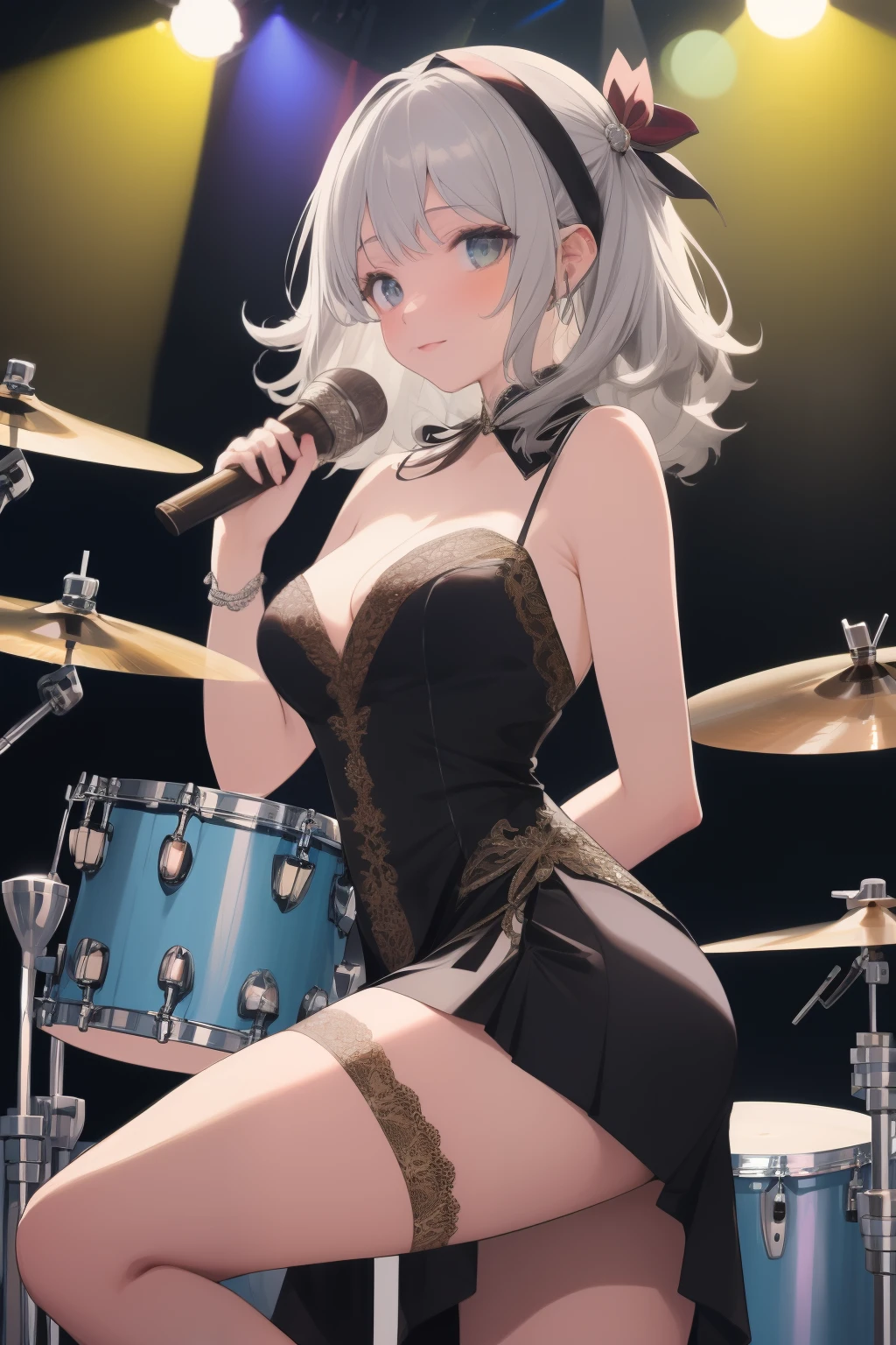 This illustration depicts a silver-haired girl with medium-length hair playing the drums on stage. She waved her drumstick confidently, Give yourself to music. Silver hair dances gently,Perform with energy and energy. The stage lights illuminated her, The cheers of the audience echo in the background. The illustration captures the magical moment when music fills the air with the sound of her drums. Her passion and talent shine through throughout her artwork, Captured the hearts of those who watched it.Large of breast,cleavage,brassier,Lace,stocklings,Seductive pose,Cocked buttocks, your ass