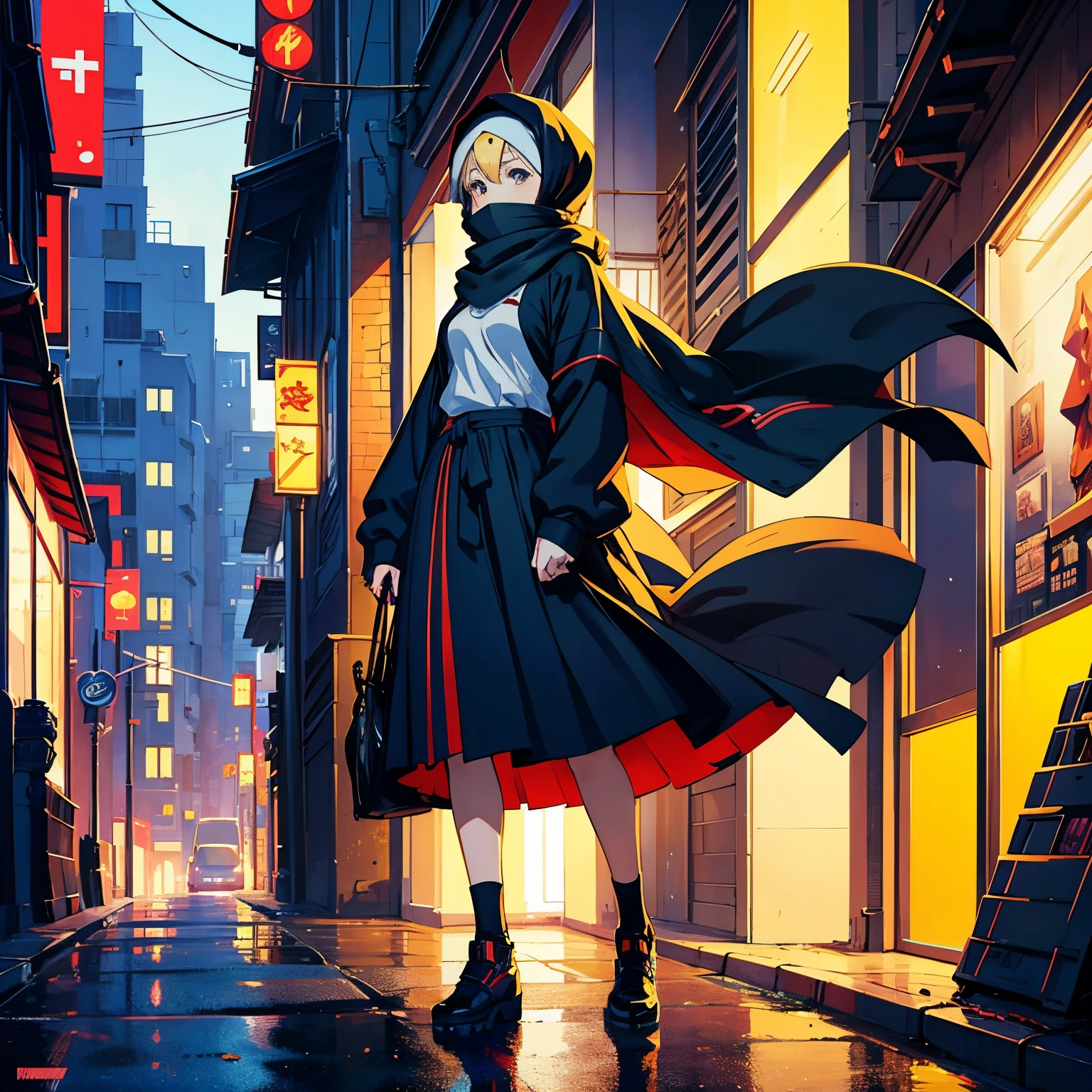 anime girl in a hijab standing on a sidewalk, hair cover in hijab, wearing sweater, artwork in the style of guweiz, urban girl fanart, in an anime style, long skirt, in anime style, body cover in clothes, digital anime illustration, high quality anime artstyle, style anime, girl wearing hijab, high quality portrait, low angle, anime style character, 8k, hi res, masterpiece, ultrasharp