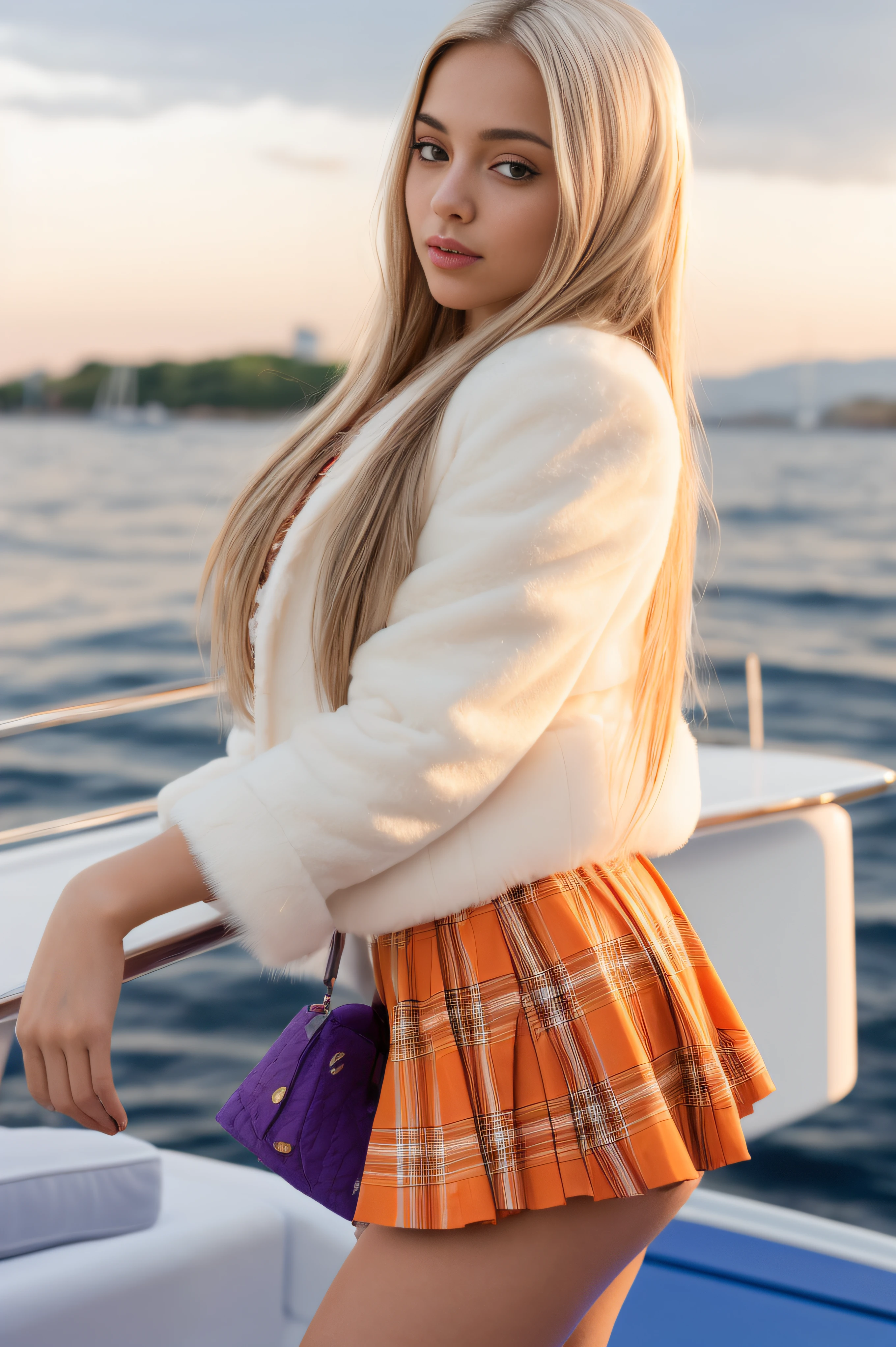 Clear Focus, Perfect focus, masterpiece of beauty art, beautiful young hispanic girl with brown eyes and long white hair, Lush hairstyle, in a short plaid orange and white miniskirt and a fluffy short pink fur coat,Standing on a yacht, Bright sun, blue sky with purple flowers , colored smoke behind her, high skin detail, Clean skin, High Quality 8K, 12), 36 mm