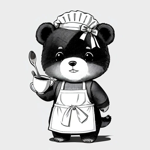 A cute cartoon bear, its clothes are white, it is tied with an apron, a cup of coffee over its head, simple line art, animal crossing characters, simple line art, silhouette sketch, strong line art, line art, silhouette art, cute characters