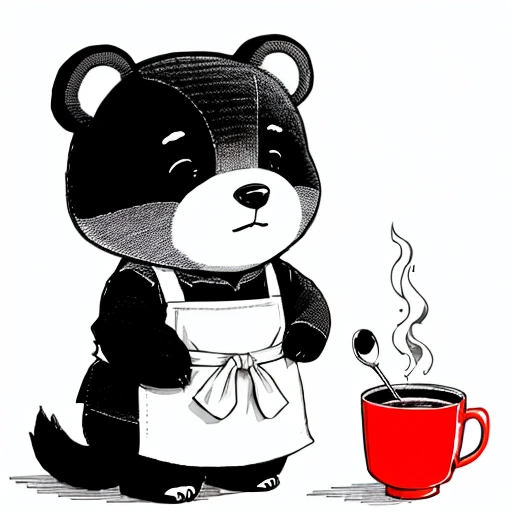 A cute cartoon bear, its clothes are white, it is tied with an apron, a cup of coffee over its head, simple line art, animal crossing characters, simple line art, silhouette sketch, strong line art, line art, silhouette art, cute characters
