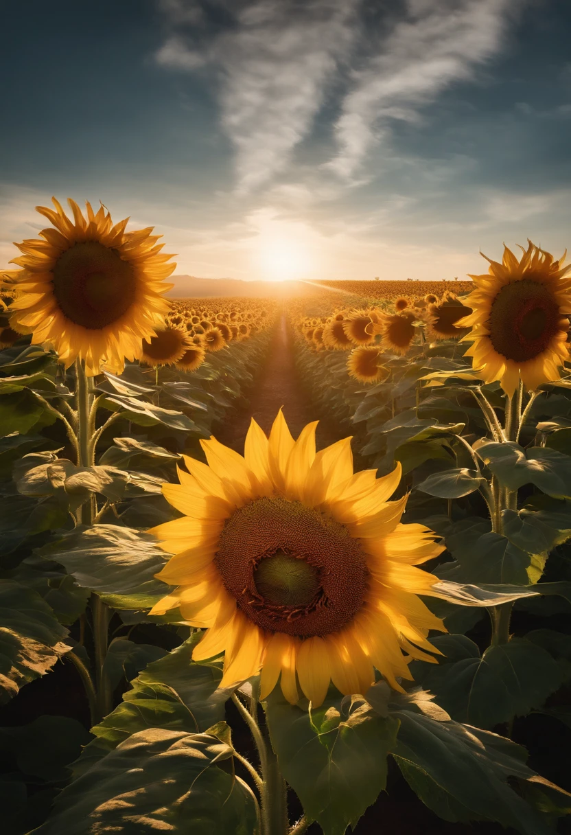 sunflower field,big sunflower, courtyard, Rays of sunlight, symmetry, polar opposites, romanticism, About art, Contemporary art, Lumism, Cinematic lighting, sparkle, god rays, 光线追踪, UHD, retina, Masterpiece, ccurate, super detaill, Anatomically accurate., high detailed, High Quality, Award-Standing, Best Quality, high resolucion, 16 k
