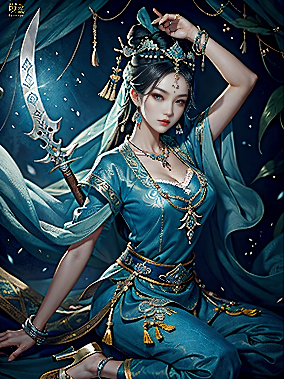 Covered in silver jewelry,Hmong silver jewelry,Hmong,cloth shoes,Blue clothes pants,embroidered headscarf,canny,Evil charm,Ancient decoration,ln the forest,vale,big breasts beautiful,Chill,Fierce,Not easy to mess with,Danfeng Eyes,Charming,long sword,Chinese Ancient Times,Classical ink painting