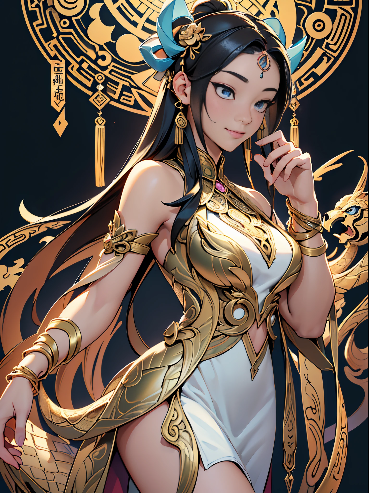 Uma menina chinesa sentada em um trono, um trono incrustado de pedras preciosas, surrounded by Chinese phoenix beasts, cor dourada e rubi, unique monster illustration, Dau al set, high resolution, uma pintura, dense composition, playful repetition, pedras preciosas, Cristais, ouro, Pinturas detalhadas, unique monster illustrations, Detalhes super finos, Realistic, super high resolution, Complexo, Super Detalhe, (Dentes na pele), fofo, Feminino, corpo detalhado, (Rosto detalhado: 1.1), (Contoured iris), (Lentes Aquarela), (olhos perfeitos), 4k, gorgeous, (master part: 1.2), (best quality: 1.2), lindo vestido longo, dynamic pose, cores ricas, filme luz e sombra,roupas vermelhas e douradas
