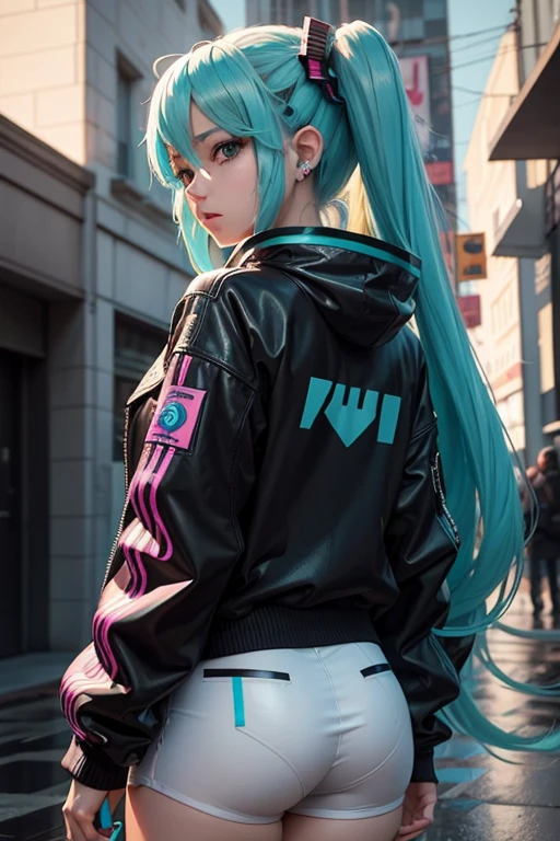 Hatsune Miku is a striking figure in her black puffer jacket, and the intricate details of the outfit are rendered with unsurpassed quality and attention to detail. The realistic textures and reflections on the jacket stand out, making the raindrops feel almost tangible. The reflections on her shiny outfit are incredibly crisp, enabling you to see your own reflection. Hatsune Miku is holding a white styrofoam cup filled with a purple drink. As she stands with her back to the viewer, she emanates a captivating vibe of mystery and allure. The scene is a masterpiece, boasting impeccable quality and ultra-detailed features that showcase the artist's superb craftsmanship. Utilizing the latest technology in rendering, the result is a stunningly realistic portrayal of Hatsune Miku's outfit. The reflections and raindrops on her black Montclair jacket, along with her gold chain and jewelry are portrayed with the utmost care. The low-angle shot looking up adds to the sense of grandeur as Hatsune Miku's head faces the viewer, and her aviator-style sunglasses enhance her stylishness. The background of the album cover is a grey color palette, as if it were taken at a house party. The street art graffiti in the background adds an edgy feel to the scene, as Hatsune Miku looks out with a serious expression in her eyes. This L. A. Ring-inspired art style gives the cover a hip hop vaporwave aesthetic, with clean lines and a dripped-out texture. The font and layout of the cover is inspired by chief keef and playboi carti, making for a cohesive and exciting album cover experience. Overall, Hatsune Miku's stunning appearance adds to the already masterful scene, with her unique style and attention to detail. Her vibrant blue and pink hair falls in gentle waves down her back, and her sharp, piercing eyes hold a sense of intensity that draws in the viewer's attention. Her physical features, much like her outfit, are portrayed with the same level of intricacy and attention to detail.